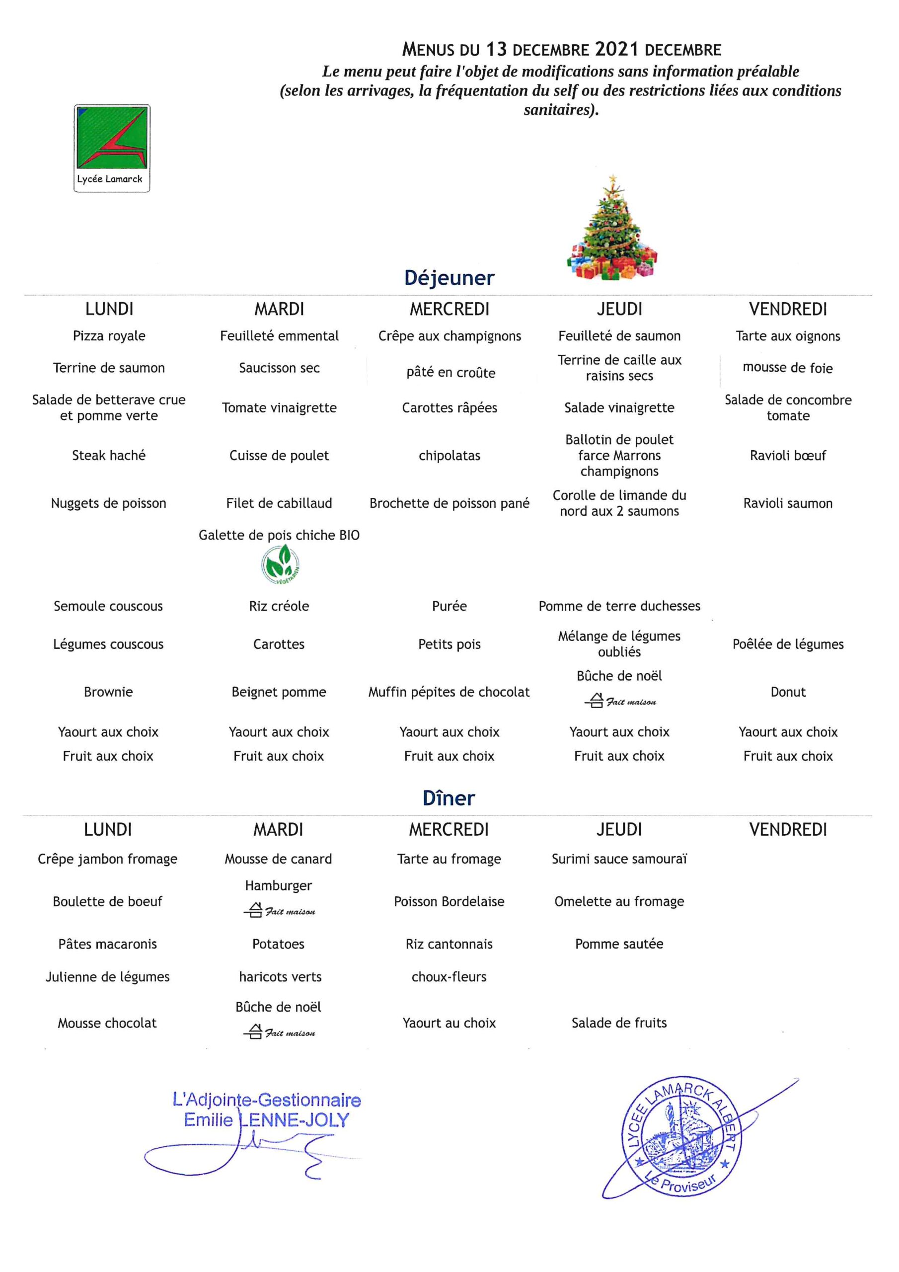 Les menus du 13 au 17 decembre 2021 Lycée polyvalent Lamarck Albert