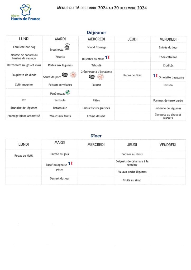 Menus Du Au D Cembre Lyc E Polyvalent Lamarck Albert